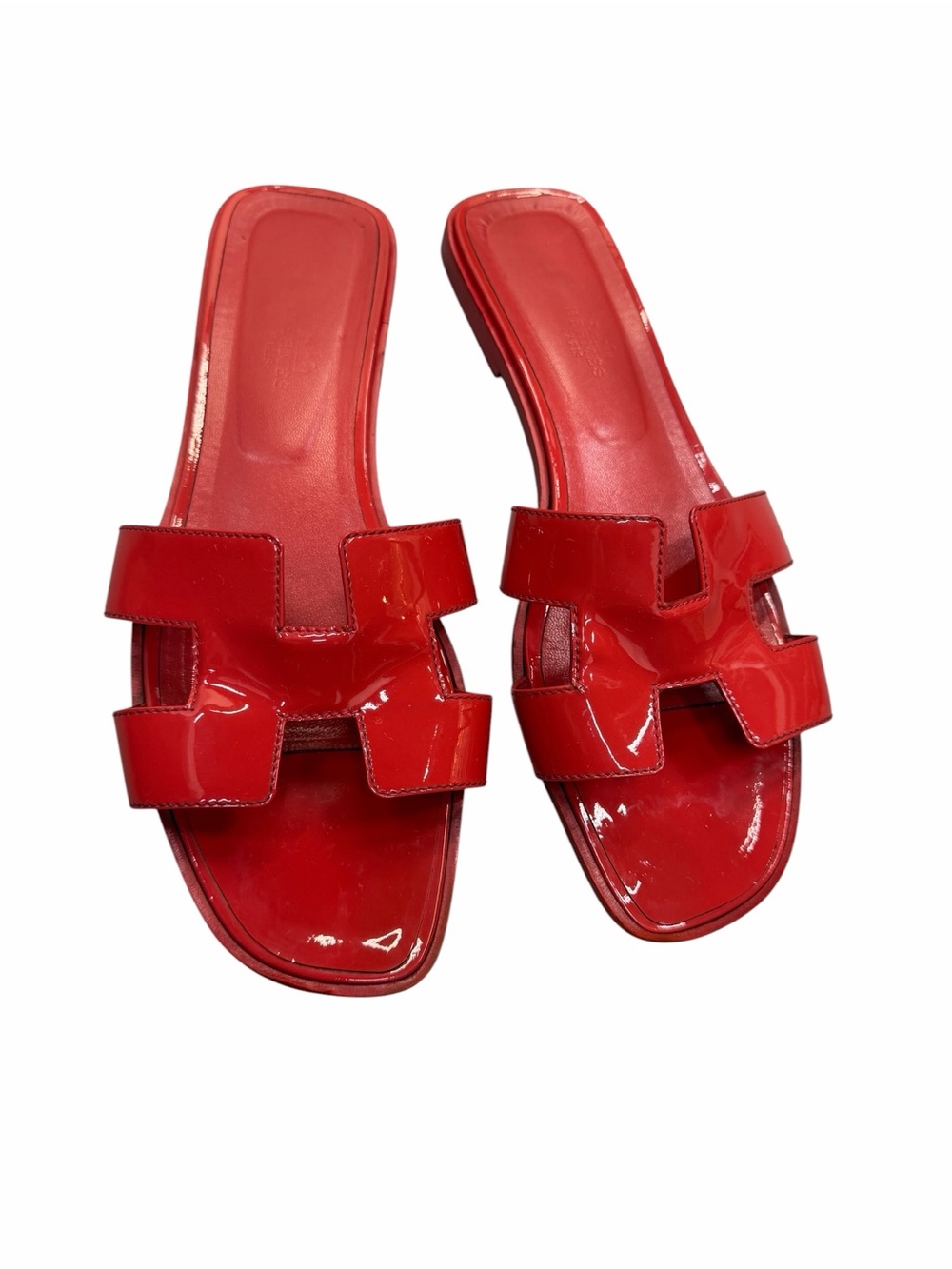Preowned Hermes Oran Coral Patent H Slide Women's Slip-On Sandals